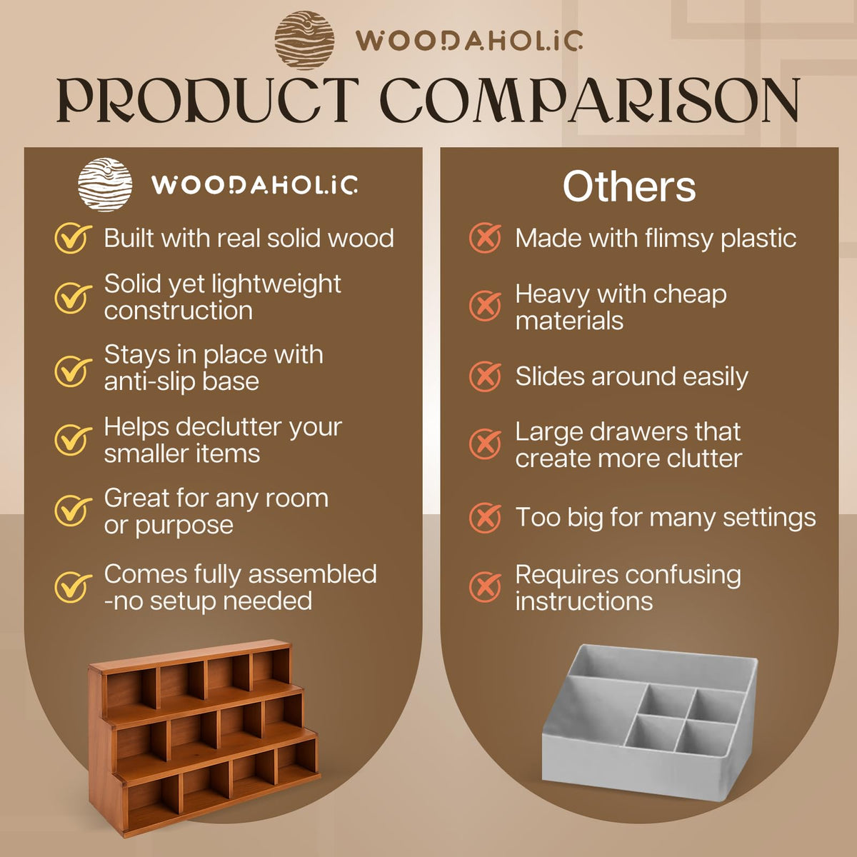 Woodaholic Wood 3-Tier Riser Stand Display Organizer – Versatile Tiered Desktop Shelf for Collectibles, Plants, Candles or Stationery – Stackable & Freestanding Wooden Storage Rack for Home or Office