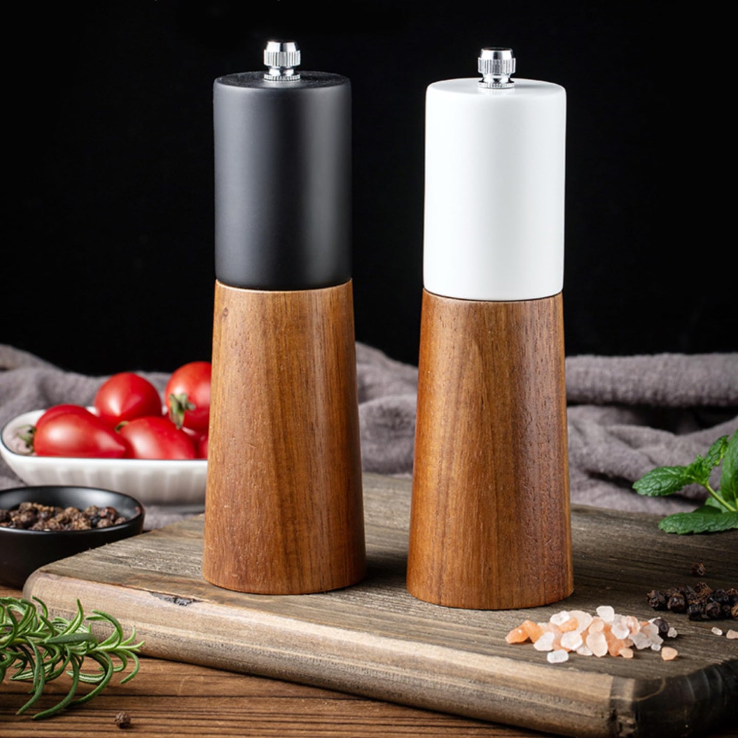 GCFTIFF Wooden Salt and Pepper Grinder Set,Crafted of Solid Acacia Wood with Ceramic Steel Core,Adjust for Customized Coarseness,Pepper Mill with Wooden Stand & Spoon(2pcs white + black,6 inches)