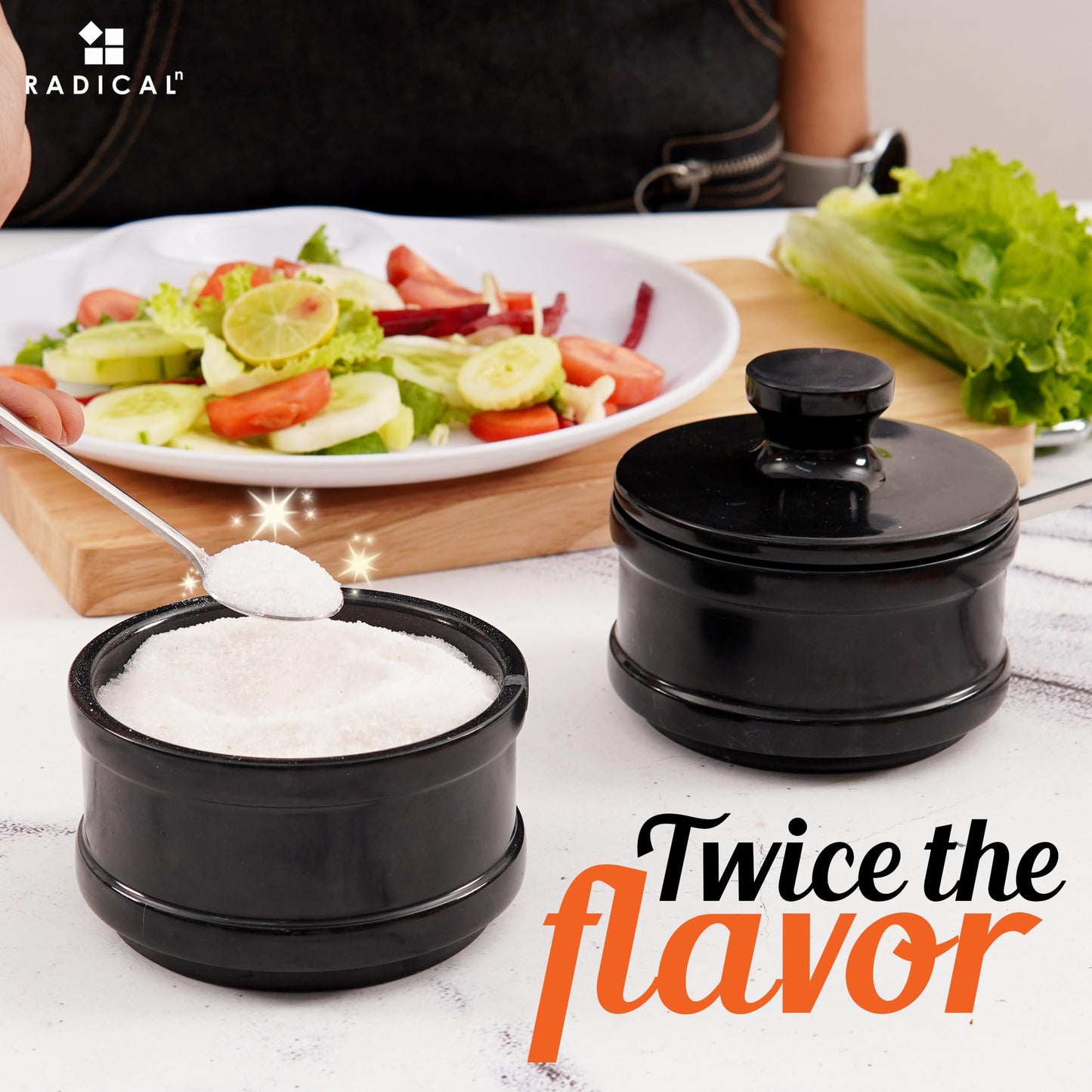 Radicaln Handmade Marble Black 5.5” Dual Salt Cellar With Lid – 2.3” Each Salt and Pepper Bowls Kitchen Container Storage Set – Ideal for Jewelry, Butter Keeper, Sugar & kitchen Décor