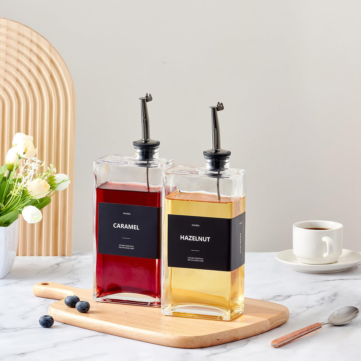 MUVEKA Olive Oil Dispenser Bottle for Kitchen, 16.9 oz/ 500 ml Cooking Oil Container, Glass Oil Dispenser Set, Glass Cruet for Oil with Pourer Spouts, Coffee Syrup Dispenser