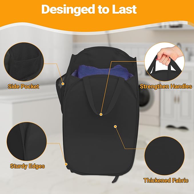 Pop Up Laundry Hamper with Side Pockets, Foldable Laundry Basket Reinforced