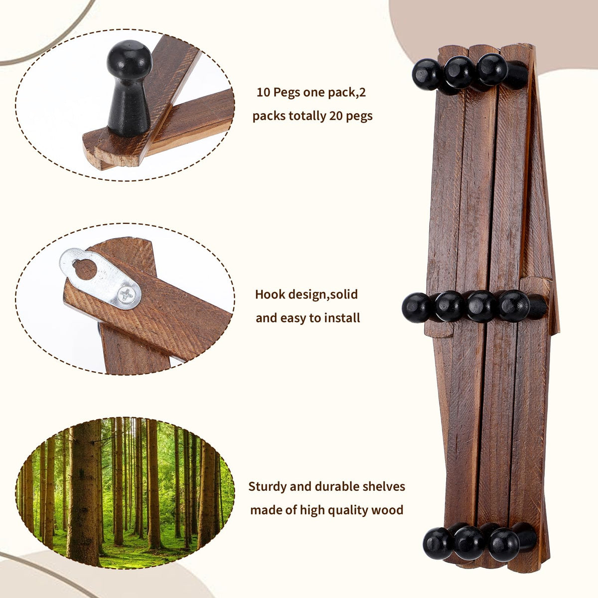 kenaeooe 4 Pcs Accordion Wall Hanger Expandable Hat Rack for Wall with 8 Peg Hooks X Shape Wooden Coat Rack for Hats, Coats, Scarves, Jackets, Purses, Keys, Mugs, Rustic Natural Wood
