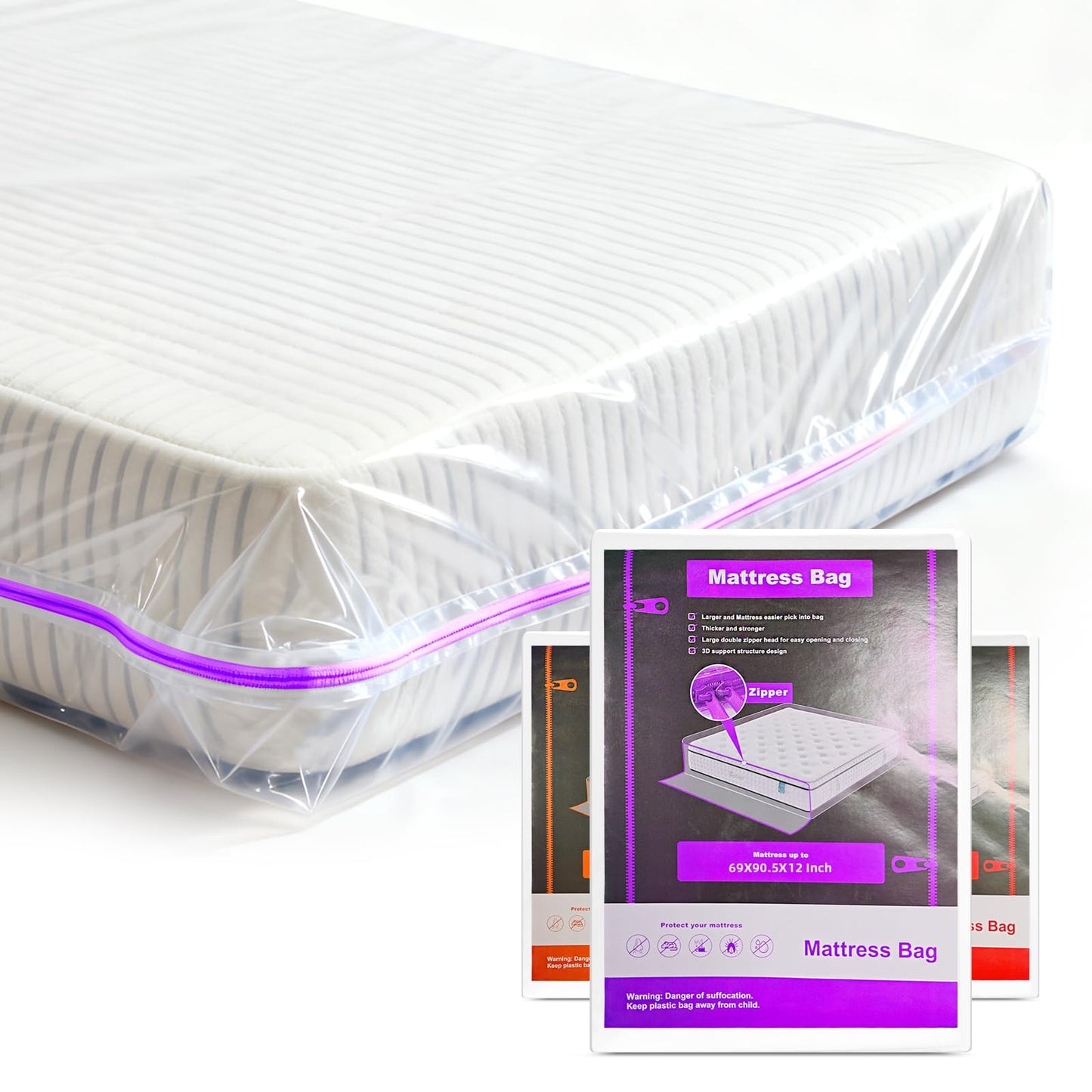 Gooo&Ma 6Mil Heavy Duty Mattress Bag for Moving & Storage - Waterproof Zippered Mattress Cover, Tear-Proof Dust-Proof Reusable Plastic Encasement, Fits Up to 14 Inch Mattress（Full、Purple）
