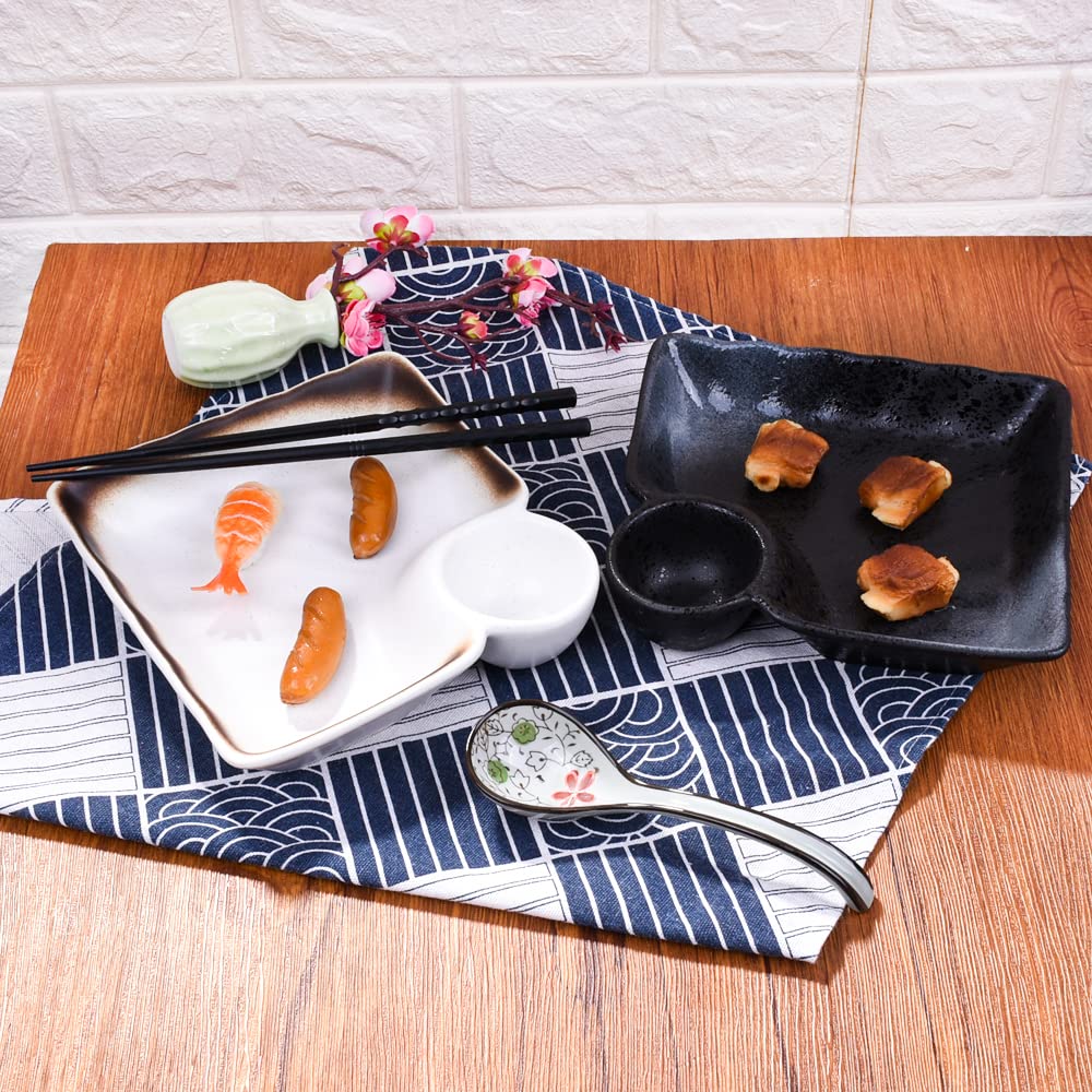 LMRLCS Ceramic Dumpling Plates Set of 2-7.4 Inch Divided Serving Trays with Sauce Compartment - Japanese Style Sushi Plates for Appetizers & Side Dishes, Microwave & Dishwasher Safe, Black & White