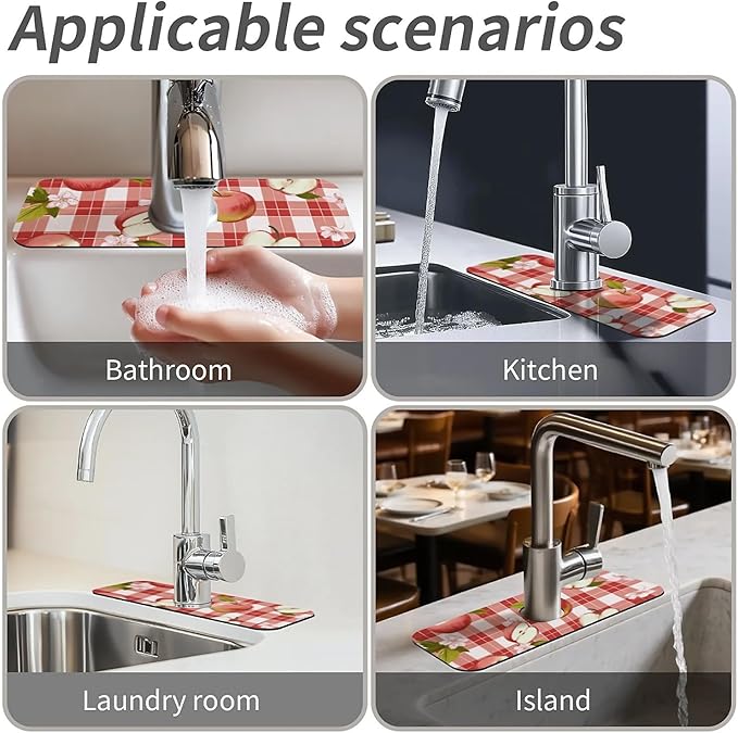 Kitchen Sink Splash Guard，Apple-on a checkered Faucet Mat Sink Gadgets-Super