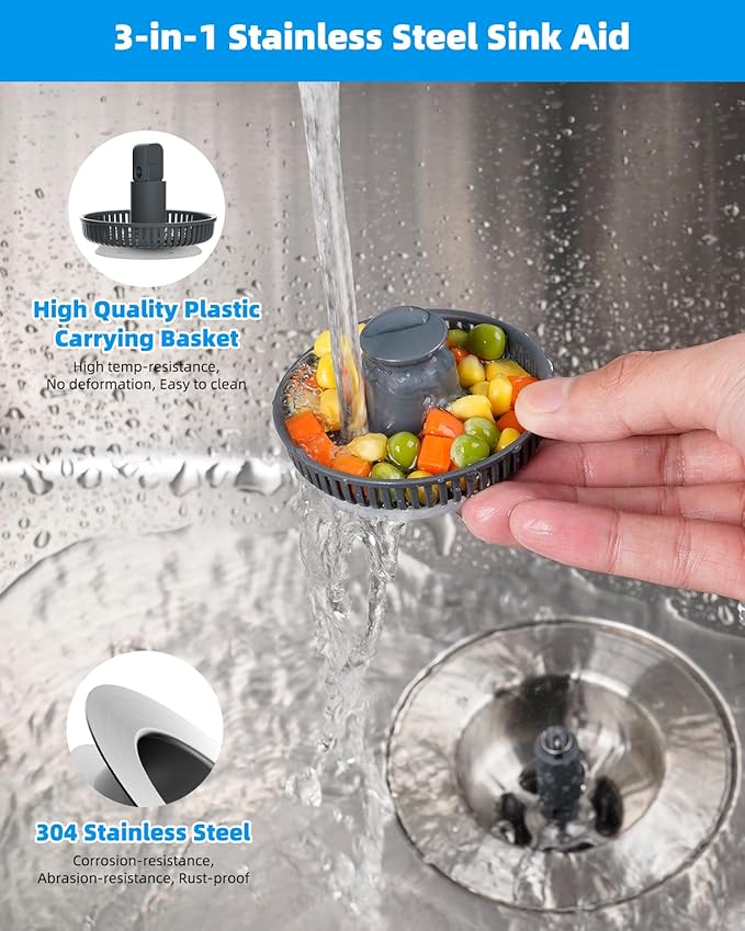 Hibbent Upgraded 3 in 1 Kitchen Sink Drain Strainer and Stopper Combo,