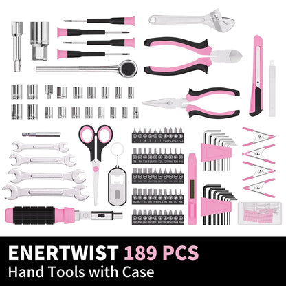 ENERTWIST Pink Tool Kit for Women, 189-Piece Premium Household Hand Tool Set with Lightweight Portable Box, Perfect for Home DIY Repair, Furniture Assembly, Ideal Gift for Women & Housewarming