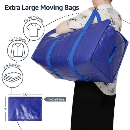 Moving Bags Heavy Duty Extra Large, Moving Boxes, Moving Supplies Essentials, Blue Storage Bins with Lids, Plastic Packing Totes, Storage Bags for Clothes with Handles & Zippers(Blue, 4 Pack)