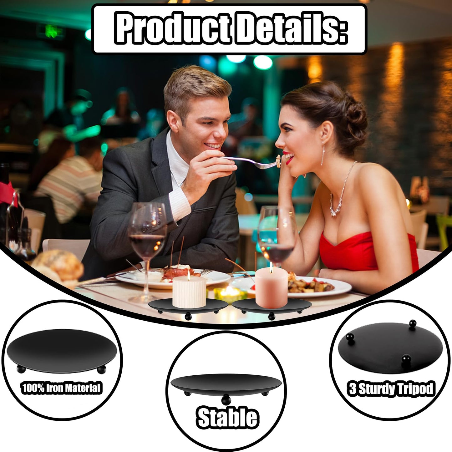 exinddea 8 PCS Iron Plate Candle Holder,Candle Stand for LED & Wax Candles,Black Candle Holders Iron Plate,4" Decorative Pillar Candle Plate for Incense Cones Spa Weddings