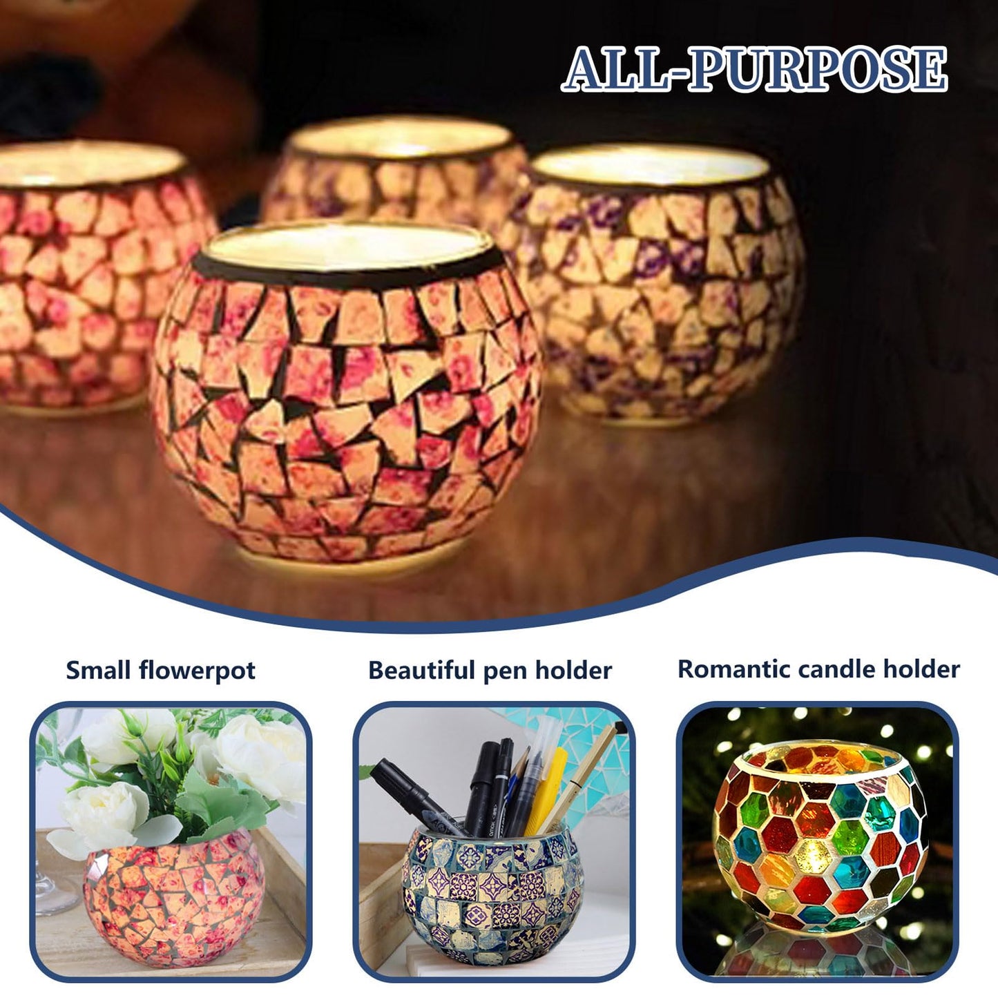 Mosaic Glass Tea Light Holders Romantic Stained Votive Candle Holder, MIATTCLD Round Handmade Tealight Candle Holder for Table Centerpieces, Christmas, Valentine, Birthday Party, Home Decor (L)