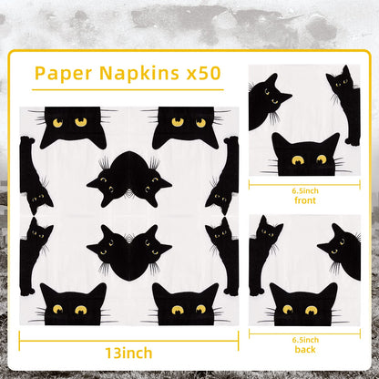 Quera 50 Pack Black Cat Disposable Paper Napkins Party Supplies Halloween Paper Napkins Cocktail Napkins Perfect For Halloween Black Cat Gifts Dinner Party Decoration 6.5'' X 6.5''