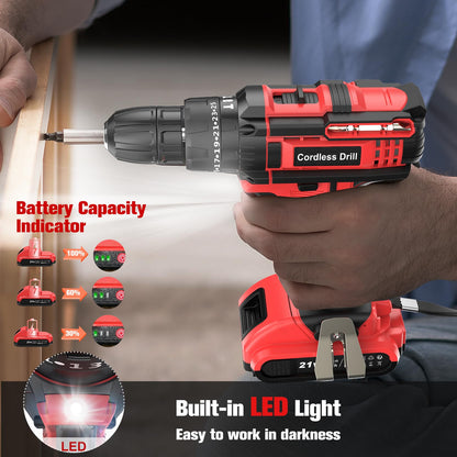 Cordless Drill Driver 21V, Cordless Hammer Drill with Battery 2000mAh, 25+3 Torque, 42N.m Max, 22PCS Accessories, 2 Speed, LED Light