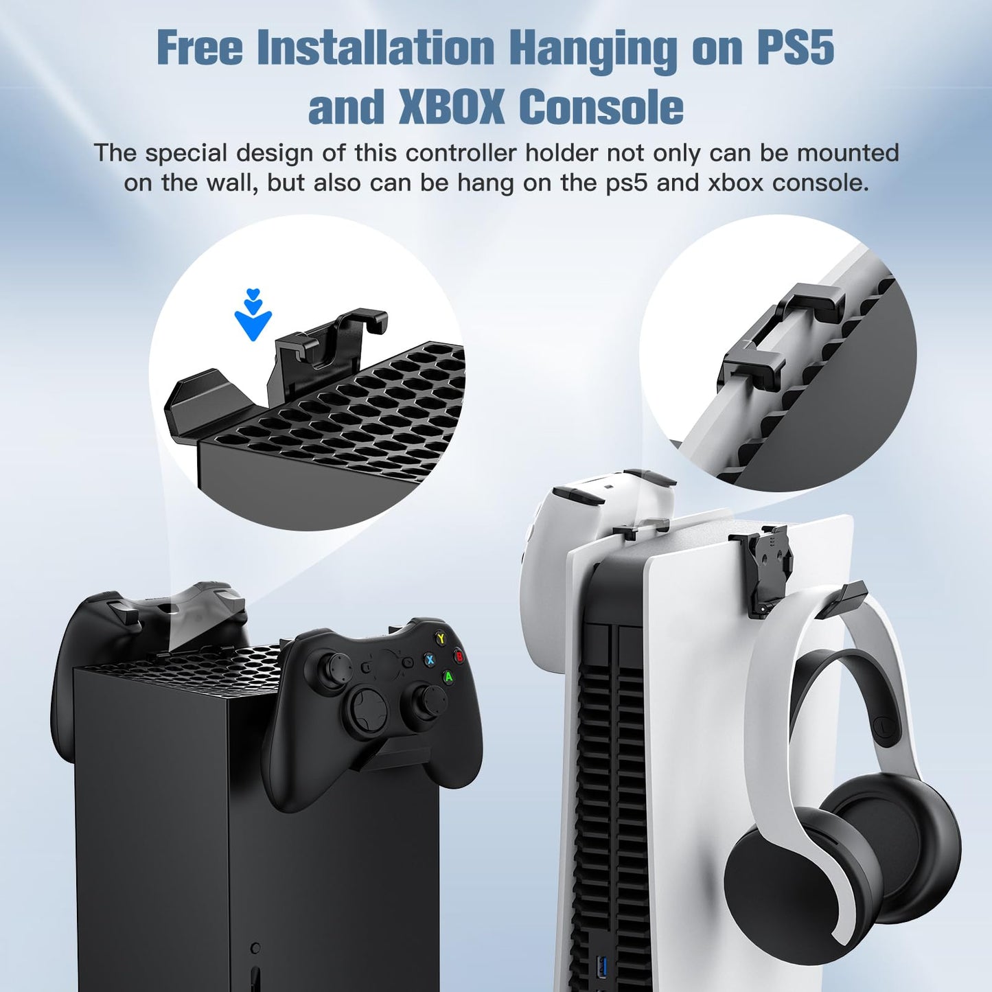 KUNSLUCK 6 Pack Controller Wall Mount – Universal Game Controller Holder for PS5, Xbox, Switch – Adhesive or Screw Installation – Headset & Controller Storage Hook (Black)