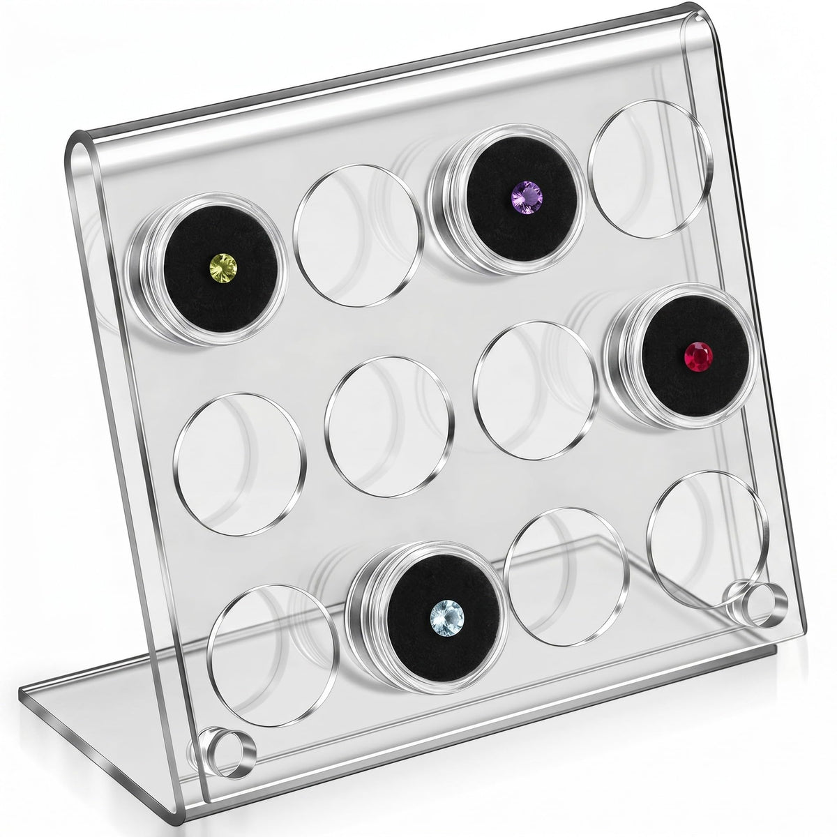Yalikop Acrylic Gemstone Display Stand with 12 Clear Jars, Acrylic Easel Rack for Crystals, Stones, Rocks, Minerals, Jewelry Display, Clear Countertop Showcase Holder