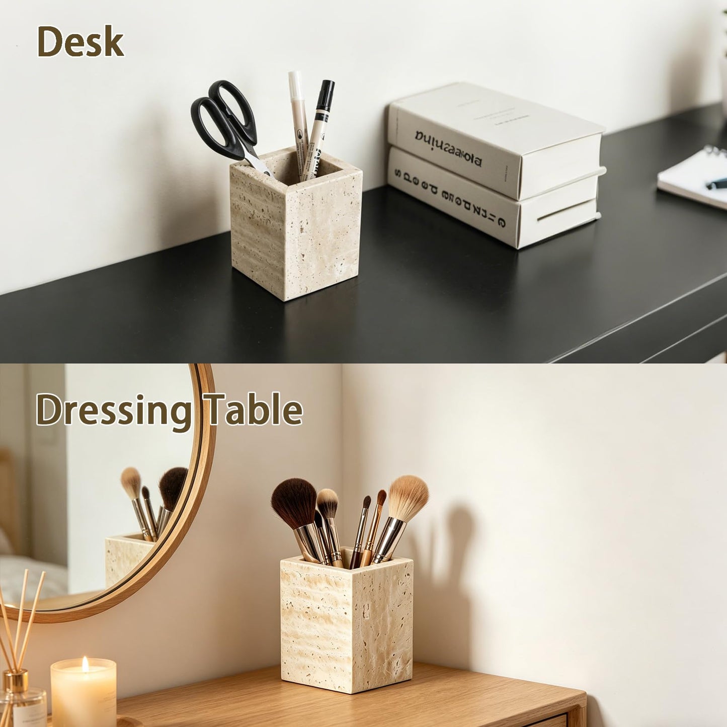 Voodefy Travertine Toothbrush Holder: Travertine Pen Holder - Marble Brush Holder - Marble Organizer for Vanity - Candle Organizer - Utensil Holder for Bathroom,Office and Home