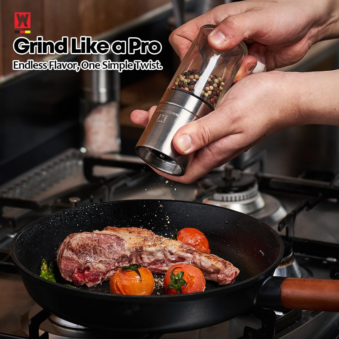 WAGENSTEIGER Manual Pepper Grinder 140mm Adjustable Ceramic Grinder, Stainless Steel & Glass Salt Pepper Mill, Refillable Spice Grinder