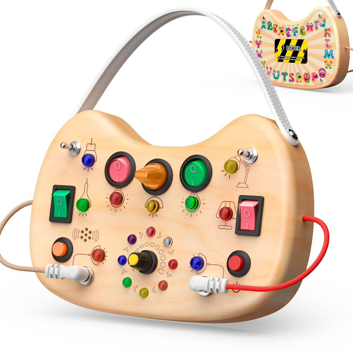 UdoUto Montessori Wooden Busy Board for Toddlers with LED Light Lights & Switches,Portable Activity Board for Car & Airplane Travel Toys, Christmas & Birthday Gift for 1-3 Year Old Boys & Girls