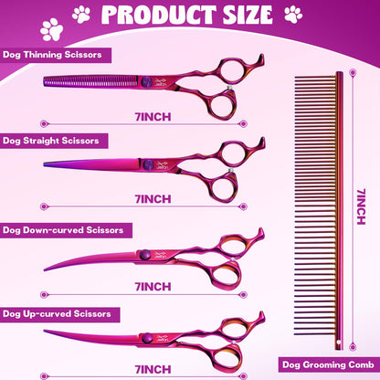 JASON Purple 6 in 1 Dog Grooming Scissors Set - Professional Thinner Set - 7" Thinning, Straight, Up-Curved, Down-Curved Scissors and Comb for Dog Cat Pet with Adjustable Screw