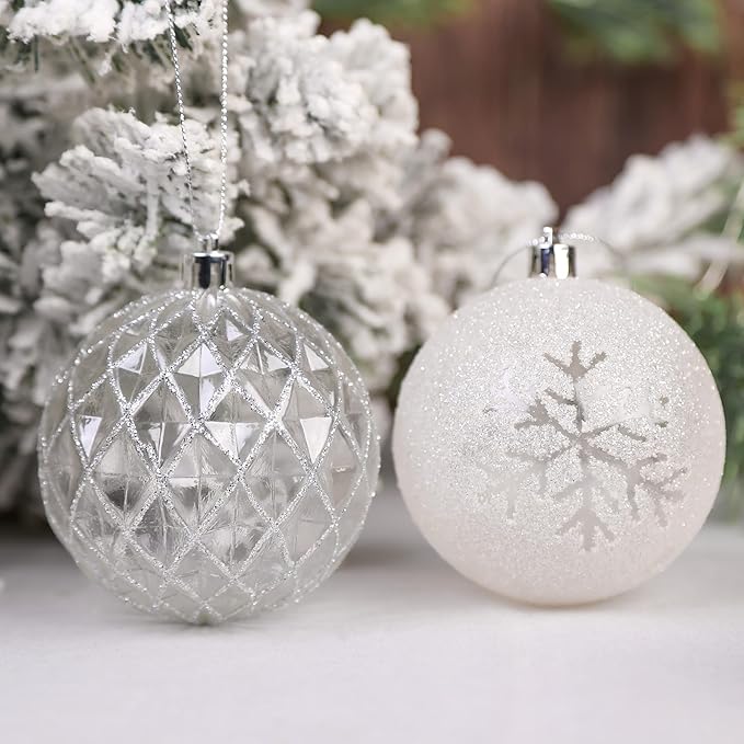 SHareconn 80mm Christmas Balls Ornaments,12PCS Colored Shatterproof Plastic Decorative Hanging Tree Decorations Baubles Set for Xmas Tree Holiday Party Wedding Decoration with Lanyard, Silver&White