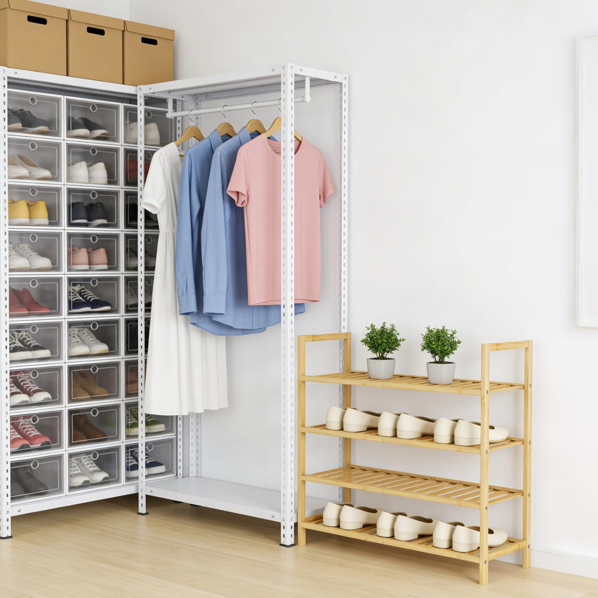 Bambly 4 Tier Bamboo Wooden Shoe Rack for Closet & Entryway, Free Standing Shoe Rack Stand Organizer Shelf for Garage, Bedroom, Small Space Storage, Stackable