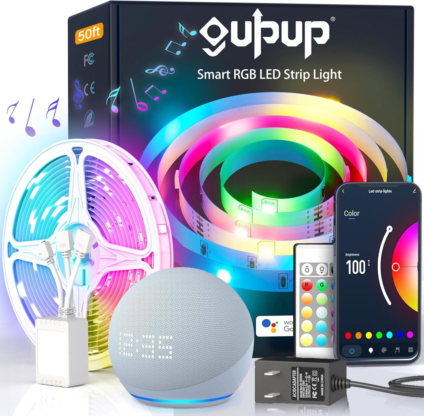 GUPUP Smart WiFi LED Strip Lights 50ft, Compatible with Alexa & Google Assistant, Color Changing, Music Sync, Voice Control, App & Remote Controlled Indoor Lighting for Bedroom, Party, Home