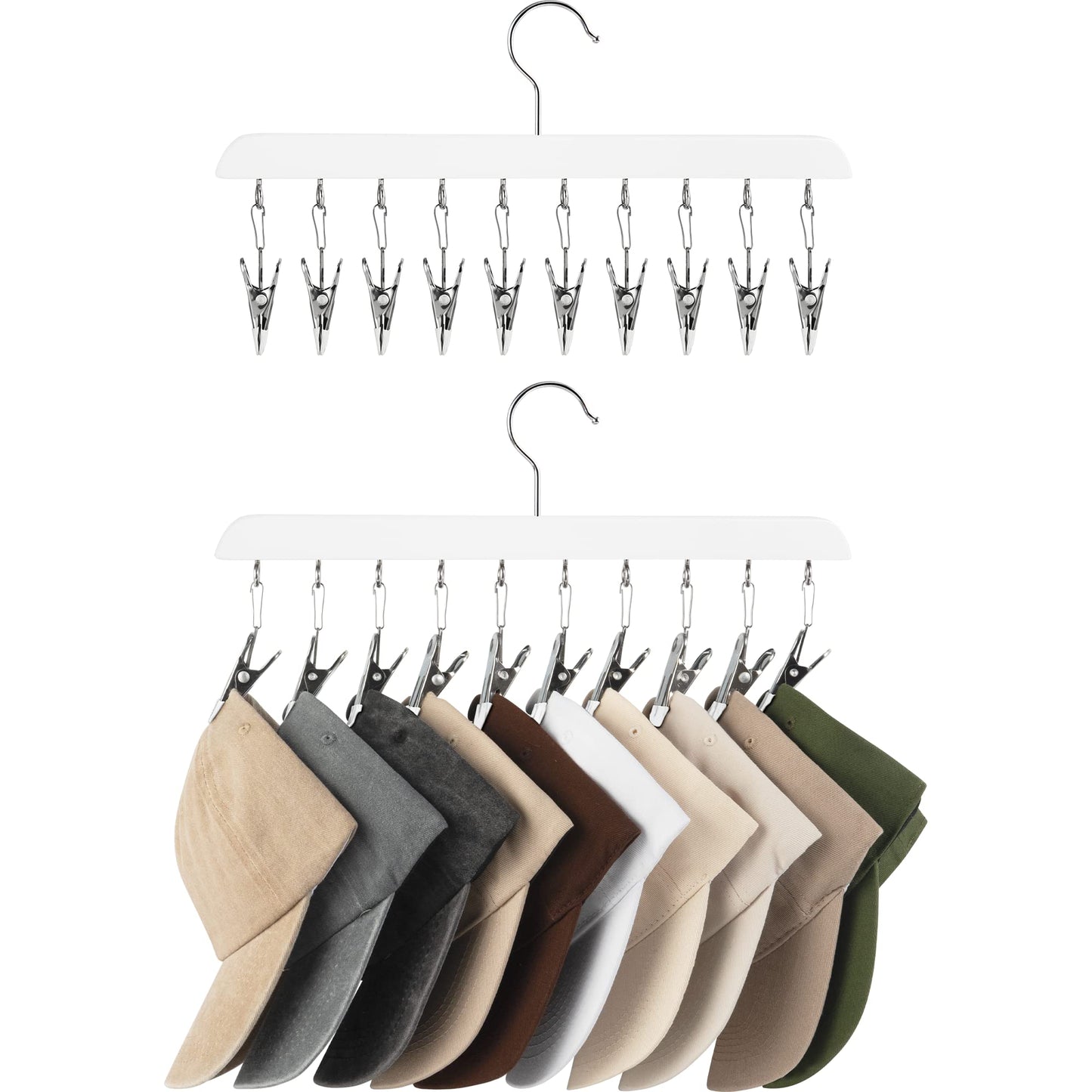 StorageWorks Hat Rack, Closet Organizer and Storage for Baseball Caps,Set of 2 with 10 Adjustable Stainless Steel Clips, Fits All Caps, White