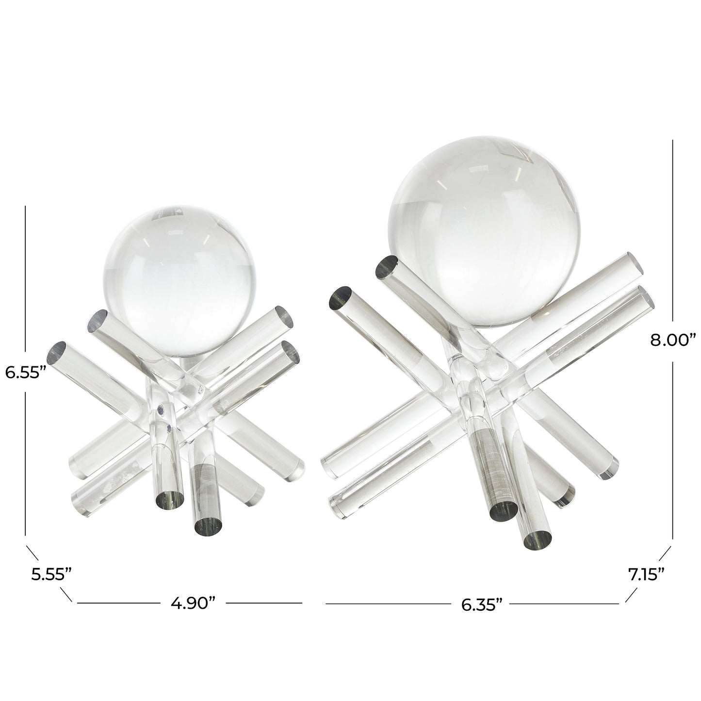 Deco 79 Crystal Abstract Decorative Sculpture Jack Inspired Home Decor Statues with Clear Resting Orbs, Set of 2 Accent Figurines 8", 7"H, Clear