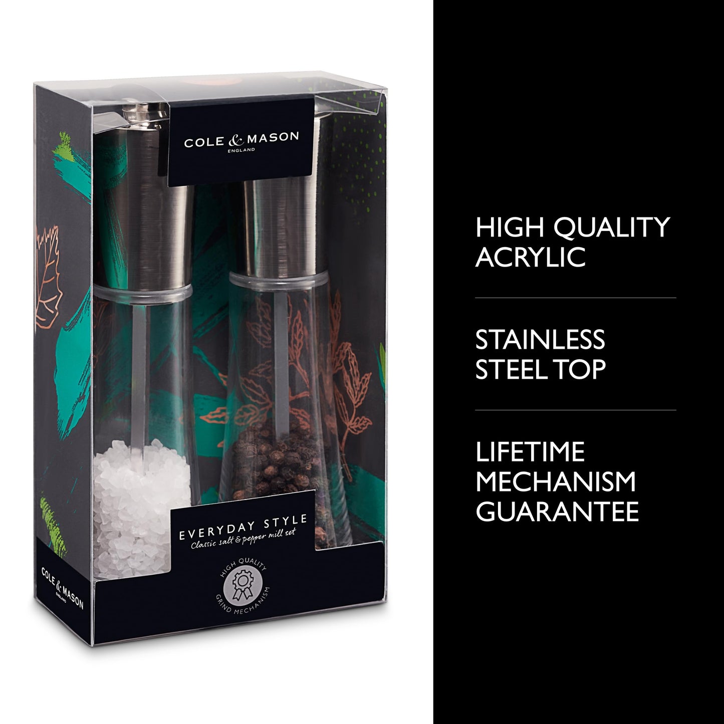 Cole & Mason Everyday Style Salt & Pepper Mill Gift Set - Salt & Pepper Shakers - Everyday Kitchen Tool & Home Essentials - Acrylic & Stainless Steel Shaker Set