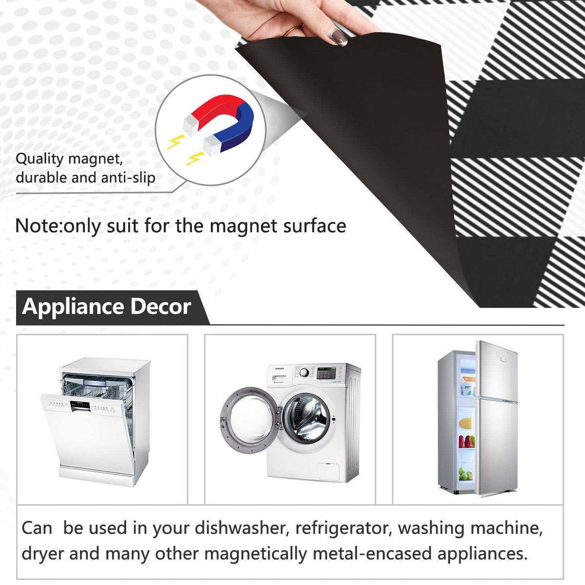 Black White Buffalo Plaid Dishwasher Stickers Magnetic Rustic Classic Buffalo Check Kitchen Fridge Magnet Cover Decals Home Decorations Vinyl Sticker Reusable 23W x 26H inches