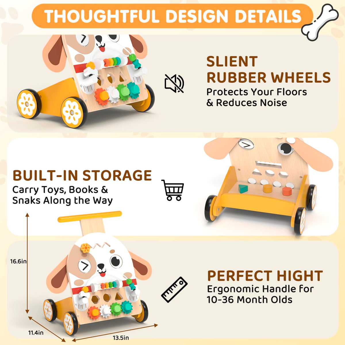 Yuyctwg Wooden Baby Walker, 6-in-1 Push Walker for Toddlers