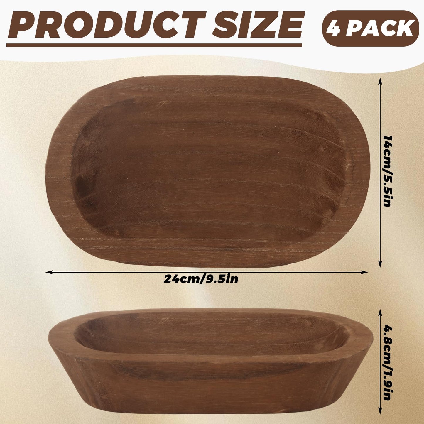 CYEAH 4 Pack Wooden Dough Bowls Bulk, 9.5 in Rustic Dough Bowl for Candle, Natural Paulownia Wood Bowls for Wedding DIY Candle Home Crafts Making Farmhouse Fruits Supplies Decoration