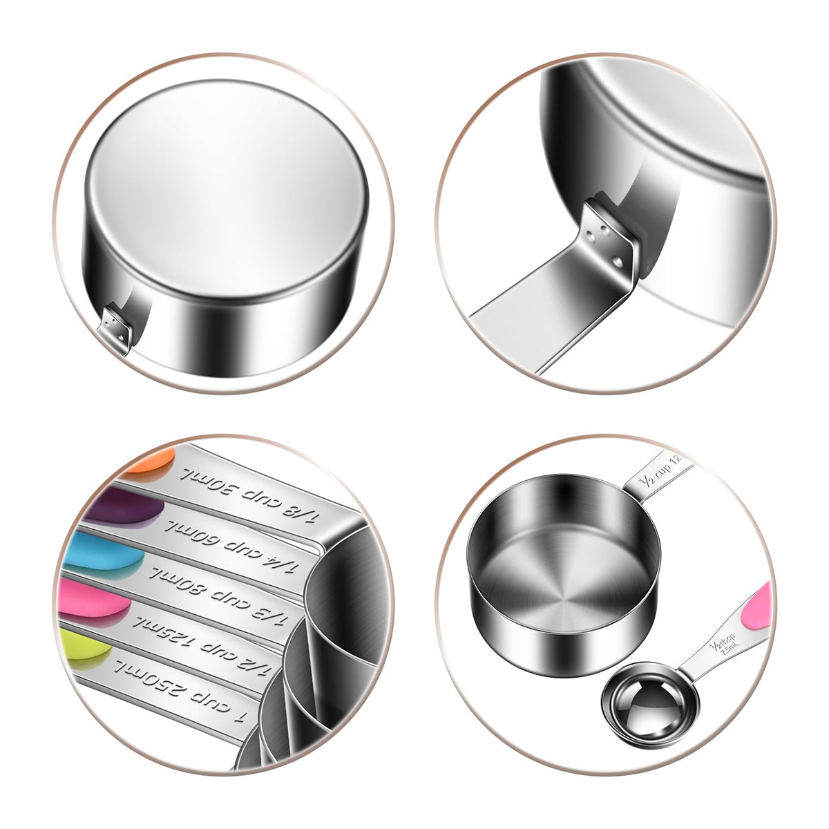10-Piece Measuring Cups and Spoons Set, 304 Stainless Steel with Color-Coded Handles, Engraved Markings Never Fade, Plastic Free, Dishwasher Safe, Includes 1/8 Cup & 1/4 Tsp