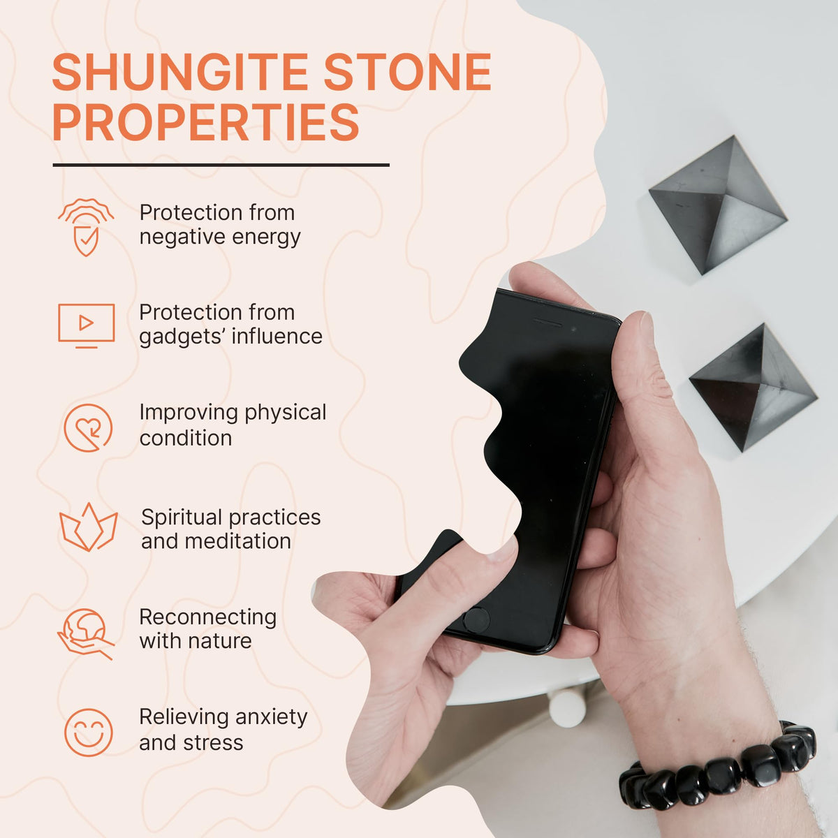 Authentic Shungite Pyramid Polished 2.8"(7cm), Premium Protection Crystals for House & Office, Karelian Black Stone Energy Pyramid for Root Chakra Meditation, Grounding & Negative Energy Blocker