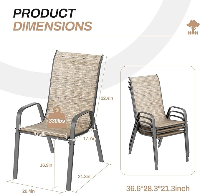 TLSUNNY Patio Chairs, Stackable Textilene Outdoor Dining Furniture for All Weather, with 17.7″ Wide Seat & Metal Frame, for Garden, Backyard, Deck, Restaurant, Poolside (4, Brown, 26.4″)
