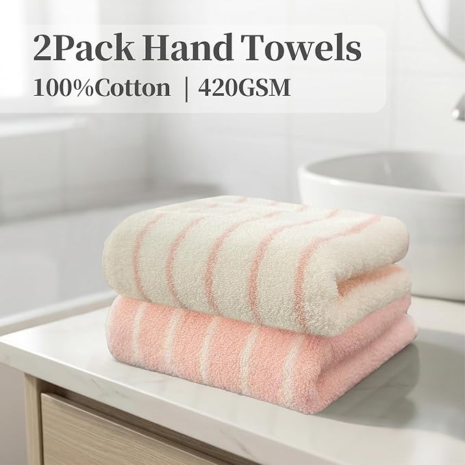 VOOVA & MOVAS Pink Stripe Natural Cotton Hand Towels Set of 2, Bathroom &