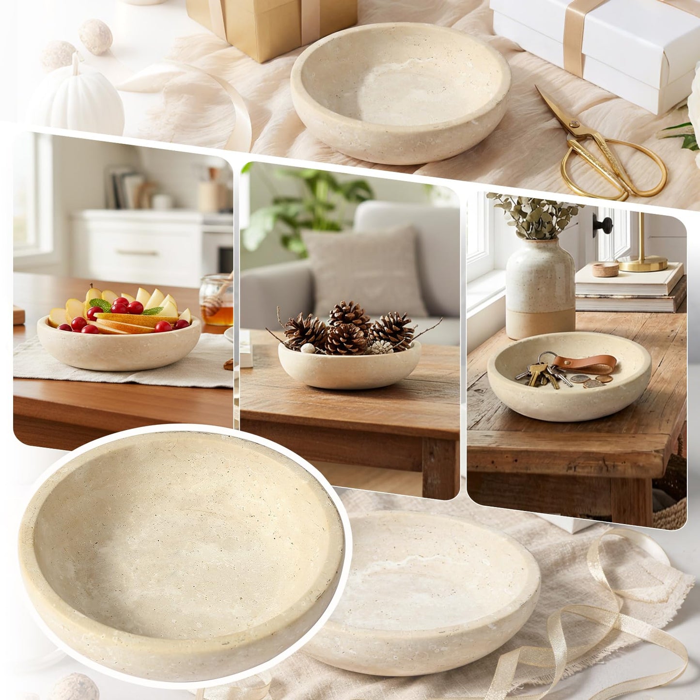 Travertine Marble Bowl & Decorative Bowl, 7.8" Modern Home Decor Key Bowl for Entryway, Natural Stone Centerpiece for Coffee Table, Ring Tray, Housewarming Gifts, Apartment Essentials Must Haves