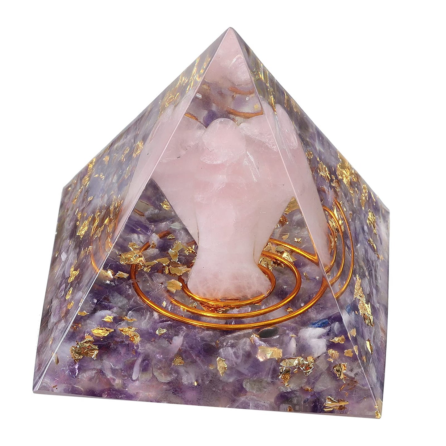 mookaitedecor Amethyst Crystal Orgone Pyramid with Rose Quartz Guardian Angel and Tumbled Stones Orgonite Energy Generator for Protection Reiki Home Decor