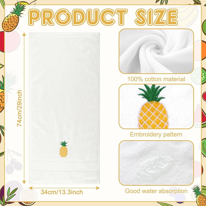 2 Pcs Pineapple Hand Towels White-Yellow Bathroom Decor 14x29 Inch Embroidered
