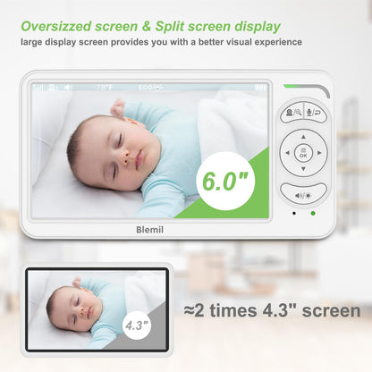 Blemil BabyMonitor with Camera and Audio, 6'' IPS Screen Baby Camera Monitor No WiFi, 30-Hrs Battery, ECO, Night Vision,2-Way Talk, Travel Video Baby Monitor Portable