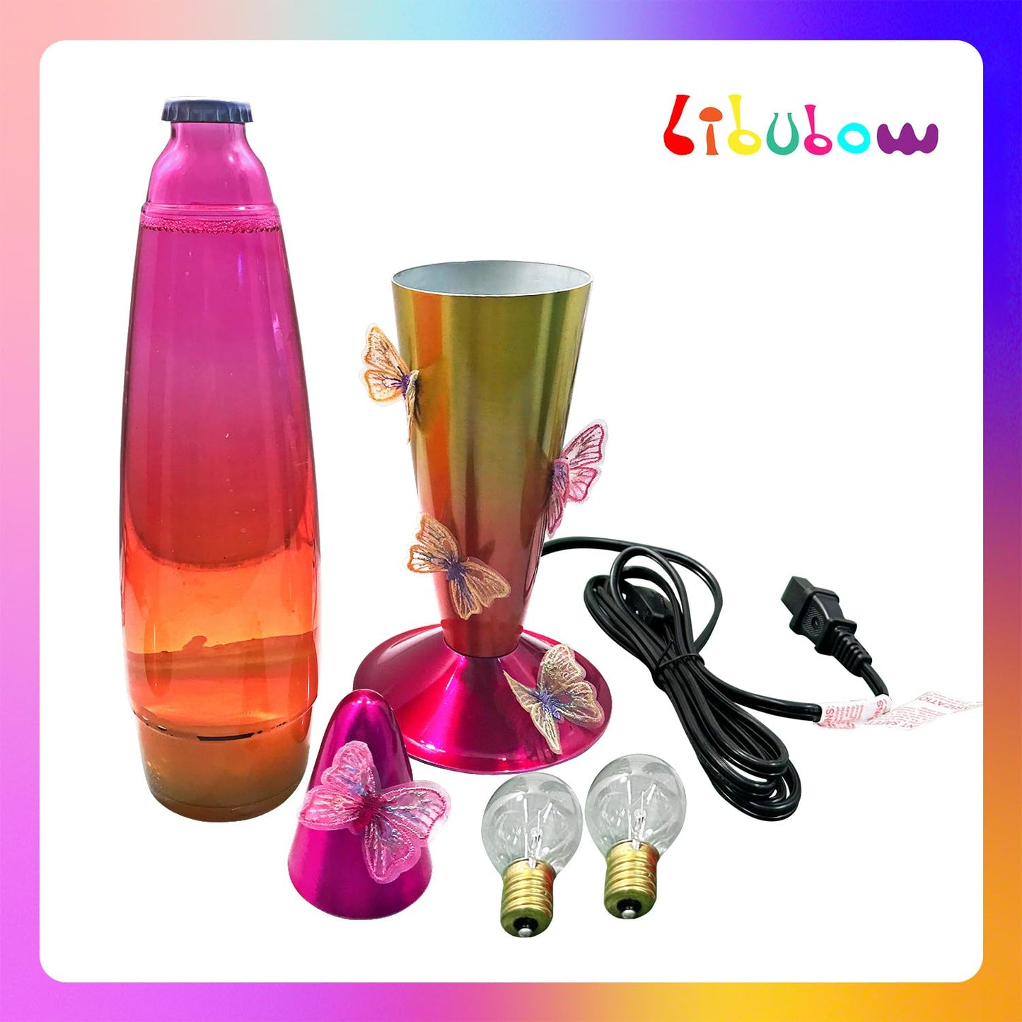 Libubow 16 Inch Rainbow Motion Lamp with Butterfly Embroidery, 2 Bulbs, Mood Lighting Butterfly Lamp, Relaxing Night Light for Adults, Teens and Kids, Room Decor, Present, Purple Orange Yellow
