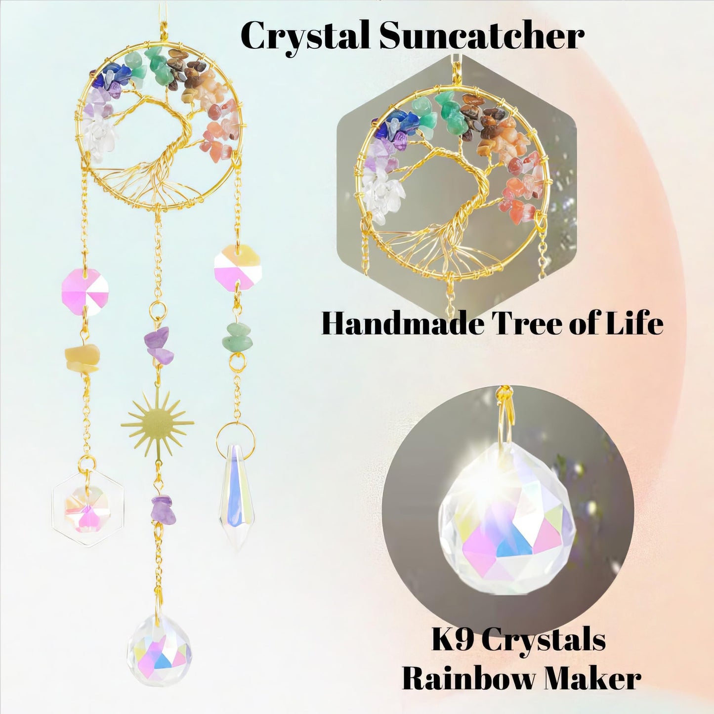 7 Chakra Tree of Life Crystal Suncatcher - Healing Rainbow Maker Hanging Ornament for Home Window Car Decor & Spiritual Gift