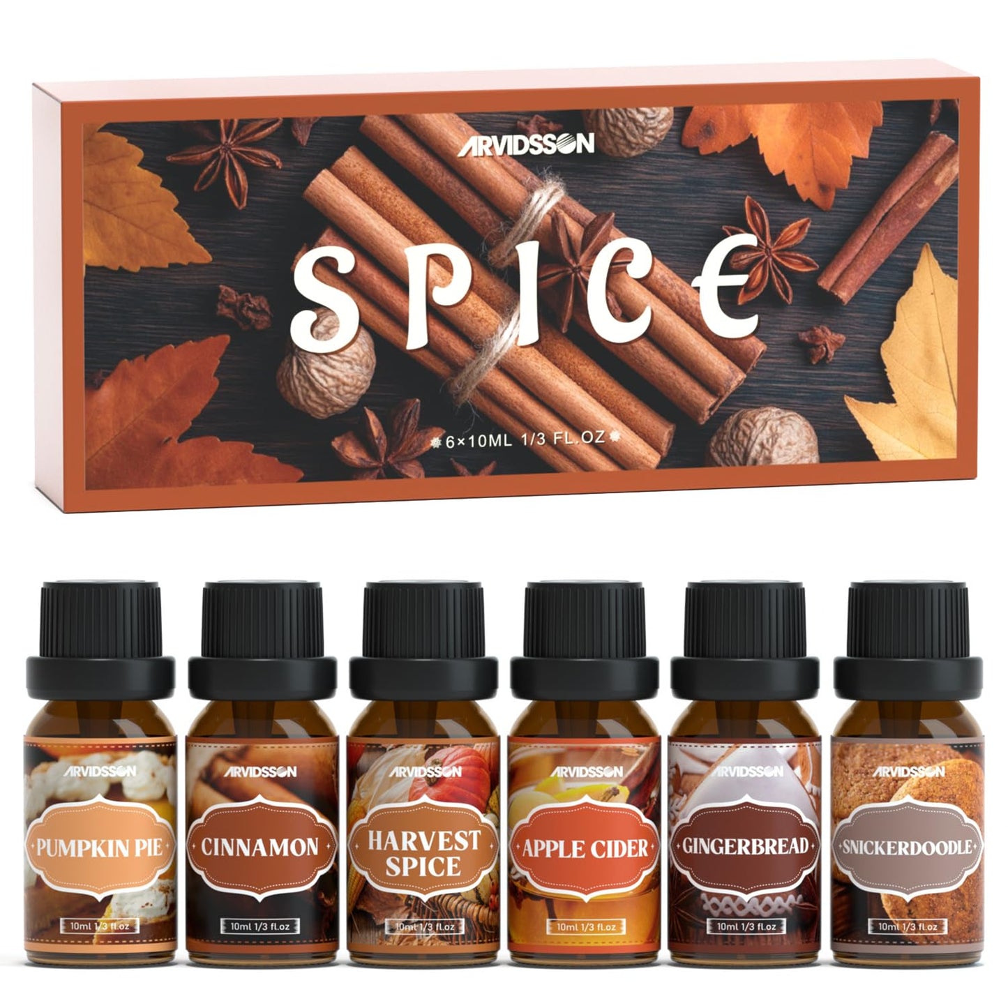 Autumn Spice Essential Oils Set, ARVIDSSON Fall Essential Oil for Diffuser - Cinnamon, Pumpkin Pie, Harvest Spice, Apple Cider, Gingerbread, Snickerdoodle, Cozy Fragrance Oils