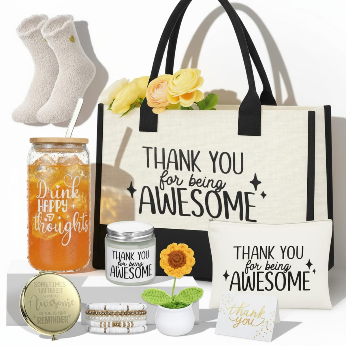 Zopeal 10 Pcs Mother Appreciation Gifts Thank You Gifts Set for Women with Canvas Tote Bag Candle Glass Tumbler Socks Bracelet Makeup Bag for Mother Friend Coworker Teacher Employee Birthday Gift