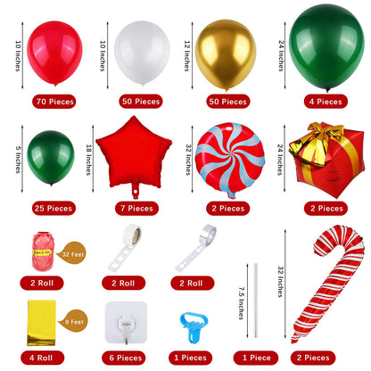 RUODON Christmas Balloon Arch Kit - 233 Pieces with Candy, Cane, Latex, Gift Box & Star Balloons for Party Decorations