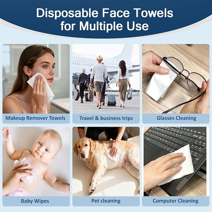 GLIMGLINT Face Towels, Biodegradable Makeup Remover Dry Wipes, Super Soft Clean