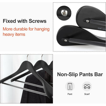 TOPIA HANGER Wide Shoulder Wooden Hangers, Suit Hangers with Non Slip Pants Bar & 360° Swivel Hook, Solid Wood Heavy Duty Coat Hanger, 10 Pack (Matte Black)-CT02B-10