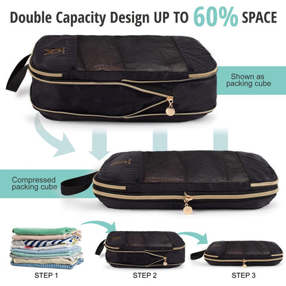 6 Set Compression Packing Cubes for Travel, Bunnychill Portable Zipper Packing Cube for Cloting, Expandable Space Saver Storage Luggage Organizer Bags for Suitcases(Black)