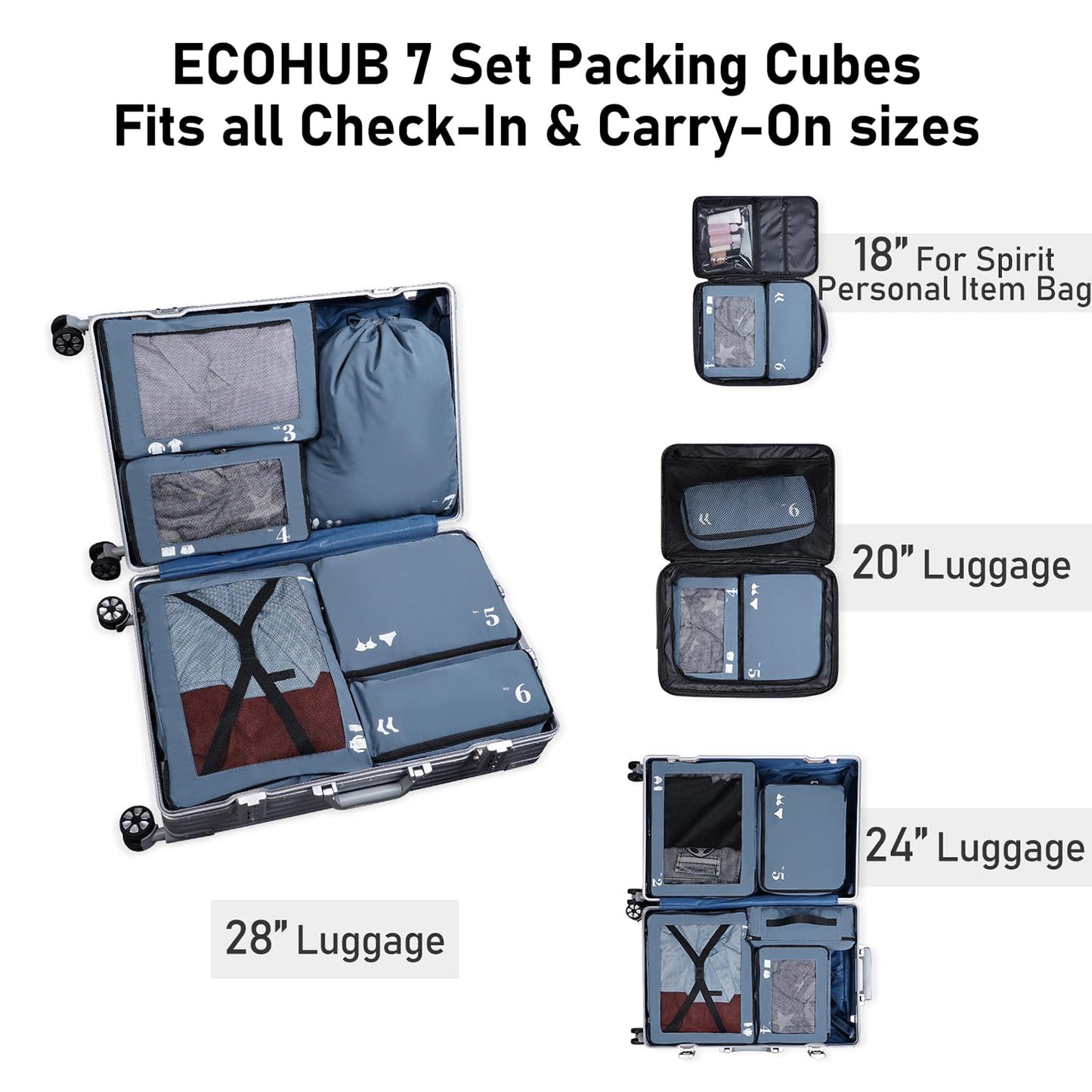 ECOHUB Packing Cubes for Suitcase 7 PCS Travel Organiser Packing Bags Recycled PET Eco Friendly Travel Accessories Shoes Bags Storage Bag Luggage Organiser Pouch(Blue)