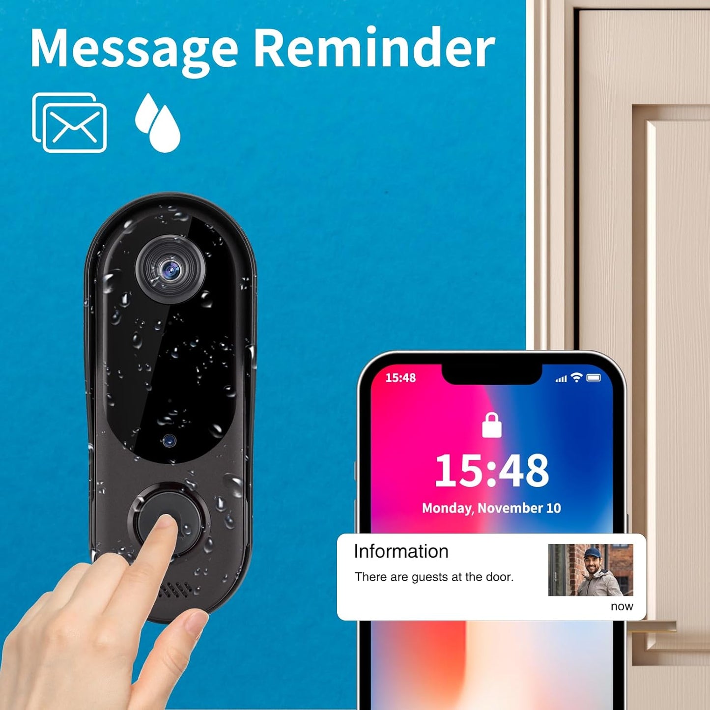 2.4GHz WiFi Smart Video Doorbell with Wireless Charging - HD Full-View, Two-Way Talk, Instant Phone Alerts, Wireless Chime