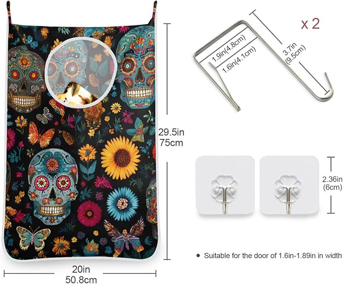 Mexican Skulls and Flowers Hanging Laundry Hamper Door Hampers Bag Basket